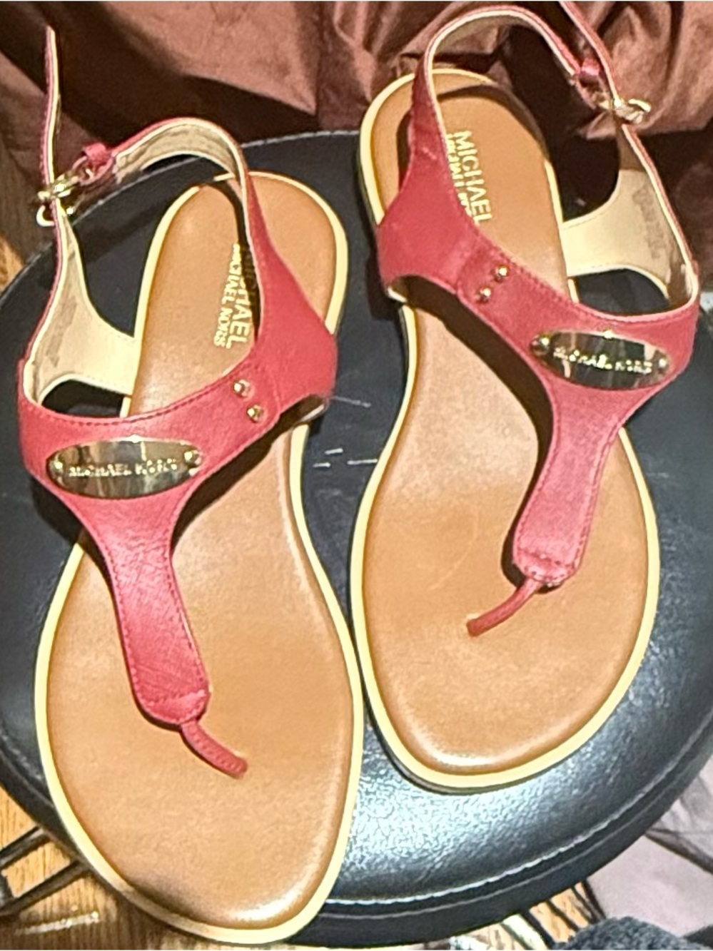 MICHAEL Michael Kors Red T-Strap Logo Leather Sandals